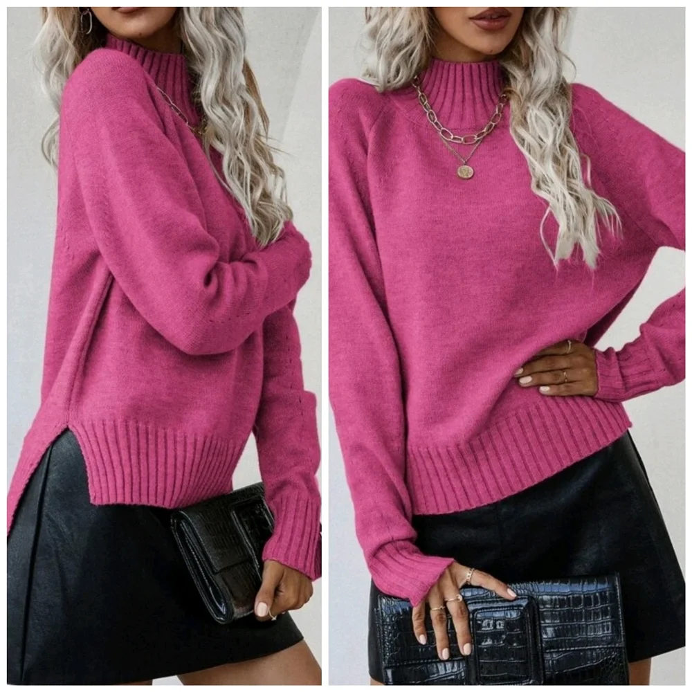 New Ribbed High Low Mock Neck Knit Sweater Top Bright Pink - Picture 1 of 9